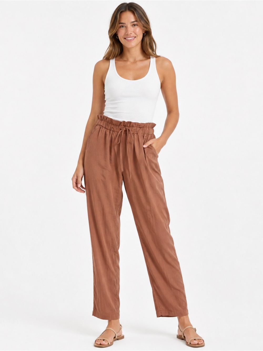 Knox Rose Relaxed Paperbag Waist Linen Pants Caramel Brown - Women's Size Large